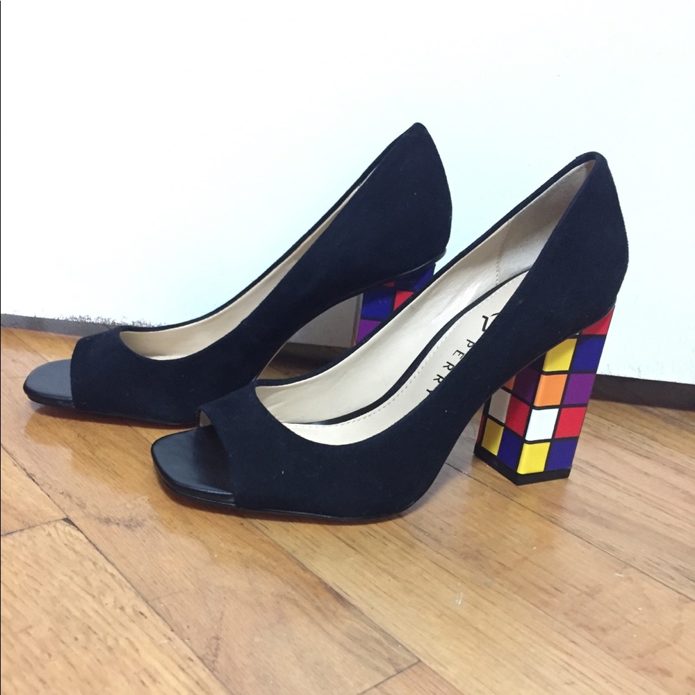 Peep toe black suede Katy Perry disco heels